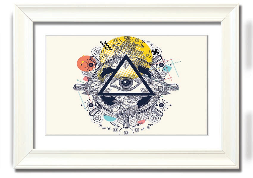 Framed All Seeing Eye print with intricate design and vibrant colors, available in various frame colors.