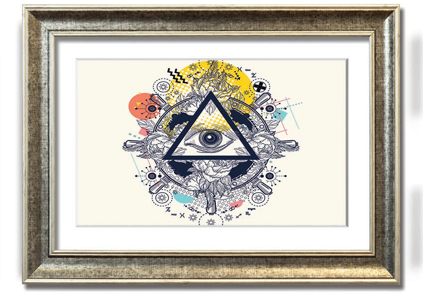 Framed All Seeing Eye print with intricate design and vibrant colors, available in various frame colors.