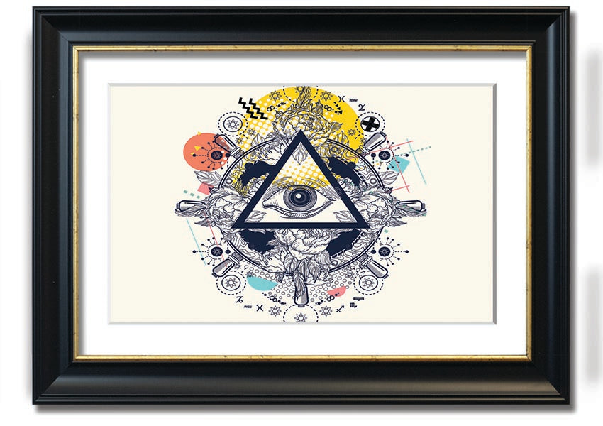 Framed All Seeing Eye print with intricate design and vibrant colors, available in various frame colors.