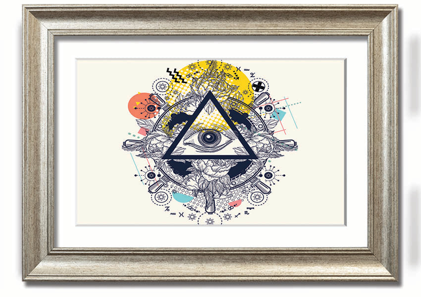 Framed All Seeing Eye print with intricate design and vibrant colors, available in various frame colors.