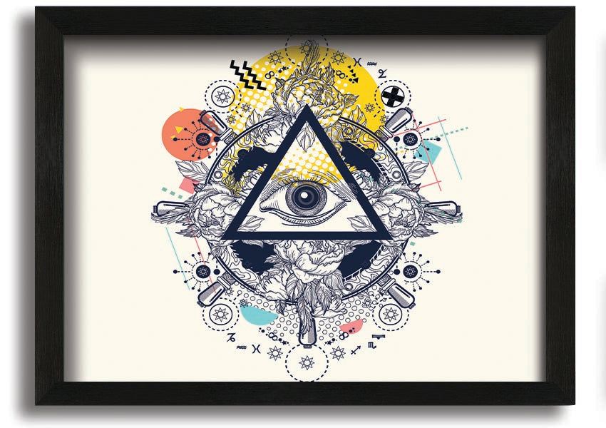 Framed All Seeing Eye print with intricate design and vibrant colors, available in various frame colors.