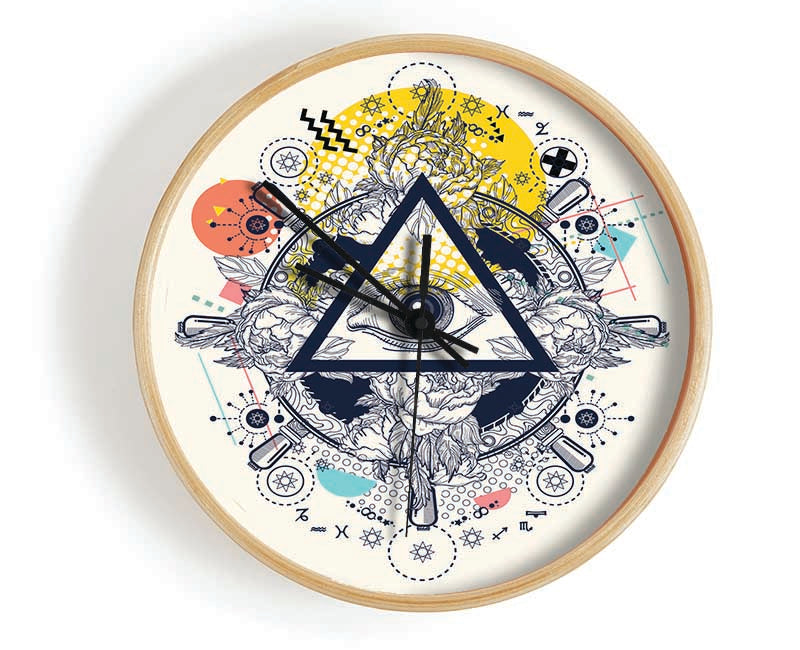 All Seeing Eye clock made from natural bamboo with a round face, available in black, white, and natural frame colors.