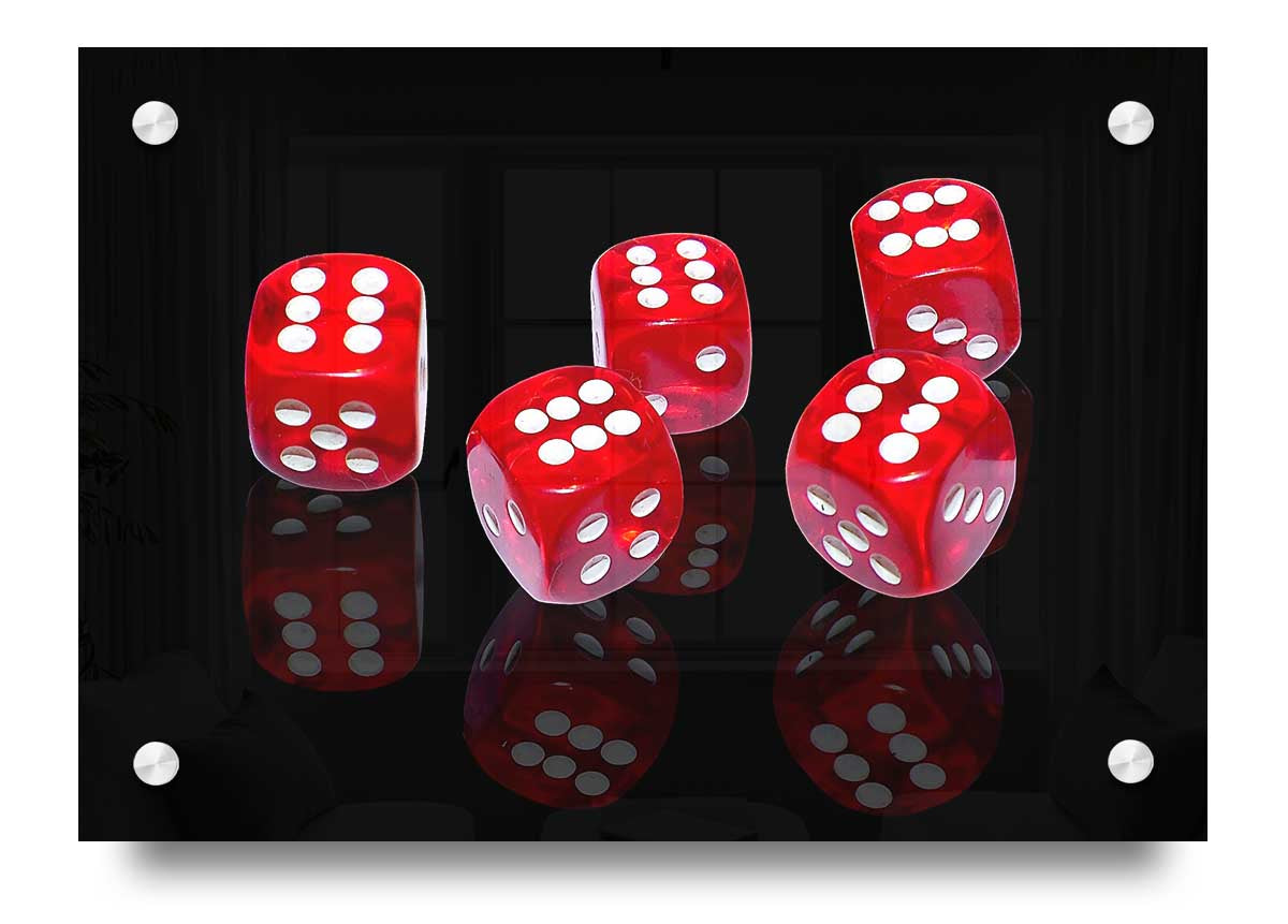 All Sixes Dice acrylic print on 5mm thick glass, featuring vibrant UV printed design, ready to hang.