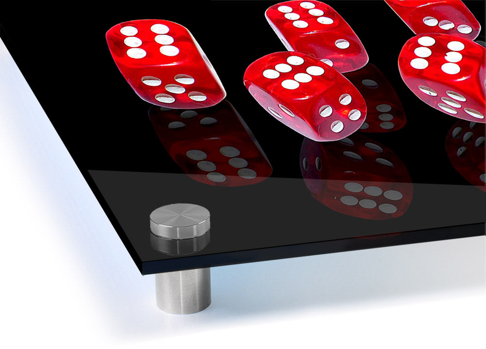 All Sixes Dice acrylic print on 5mm thick glass, featuring vibrant UV printed design, ready to hang.