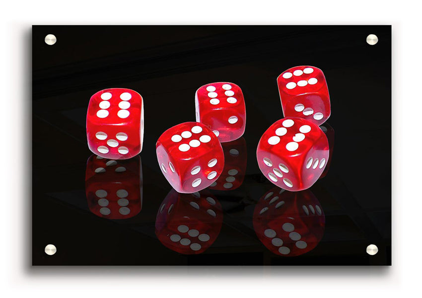 All Sixes Dice acrylic print on 5mm thick glass, featuring vibrant UV printed design, ready to hang.