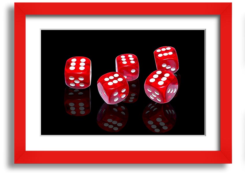 A vibrant framed print of six-sided dice, showcasing colorful designs, available in various frame colors, ready to hang.