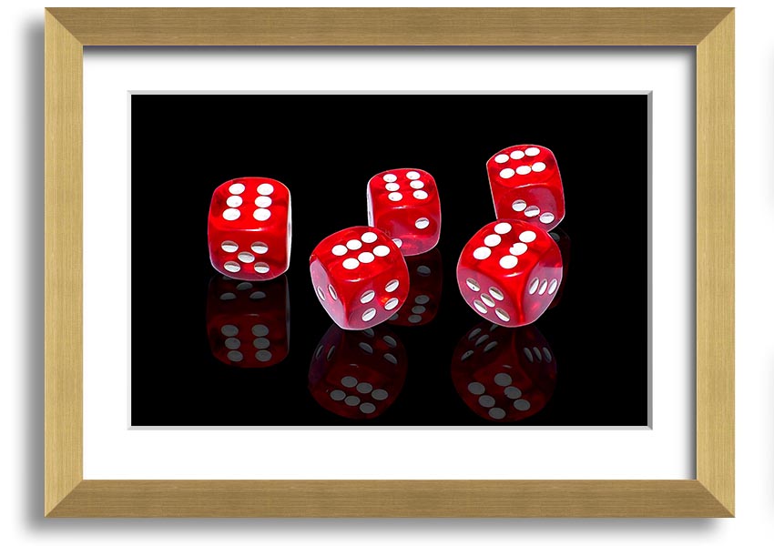 A vibrant framed print of six-sided dice, showcasing colorful designs, available in various frame colors, ready to hang.