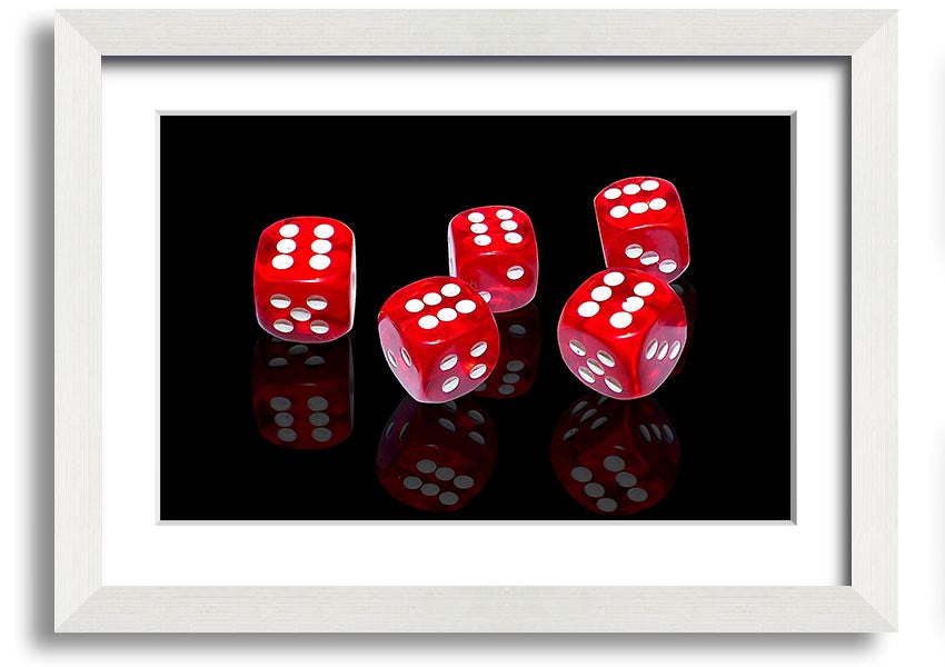 A vibrant framed print of six-sided dice, showcasing colorful designs, available in various frame colors, ready to hang.