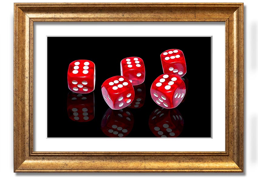 A vibrant framed print of six-sided dice, showcasing colorful designs, available in various frame colors, ready to hang.