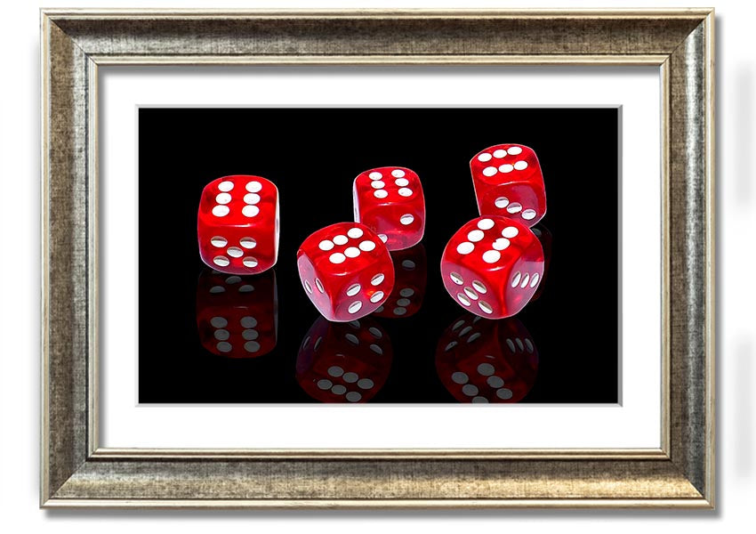 A vibrant framed print of six-sided dice, showcasing colorful designs, available in various frame colors, ready to hang.