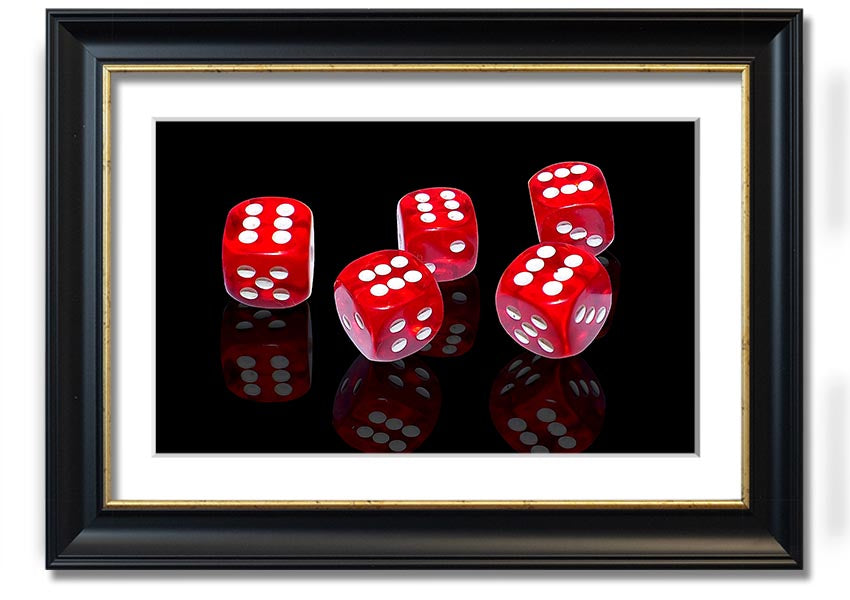 A vibrant framed print of six-sided dice, showcasing colorful designs, available in various frame colors, ready to hang.