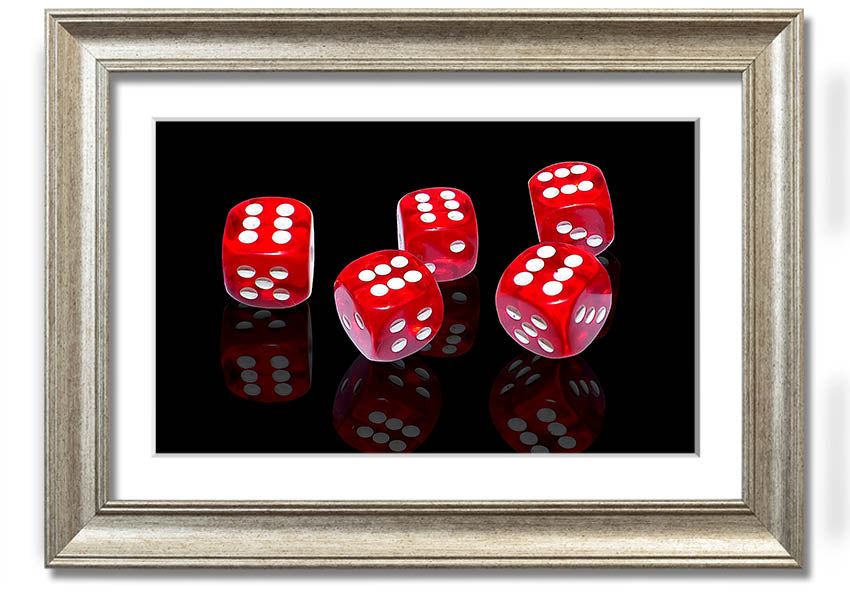 A vibrant framed print of six-sided dice, showcasing colorful designs, available in various frame colors, ready to hang.