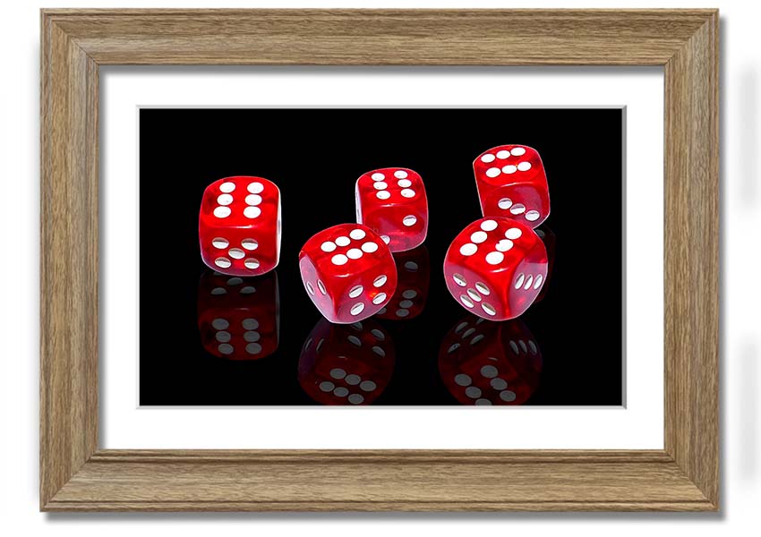 A vibrant framed print of six-sided dice, showcasing colorful designs, available in various frame colors, ready to hang.