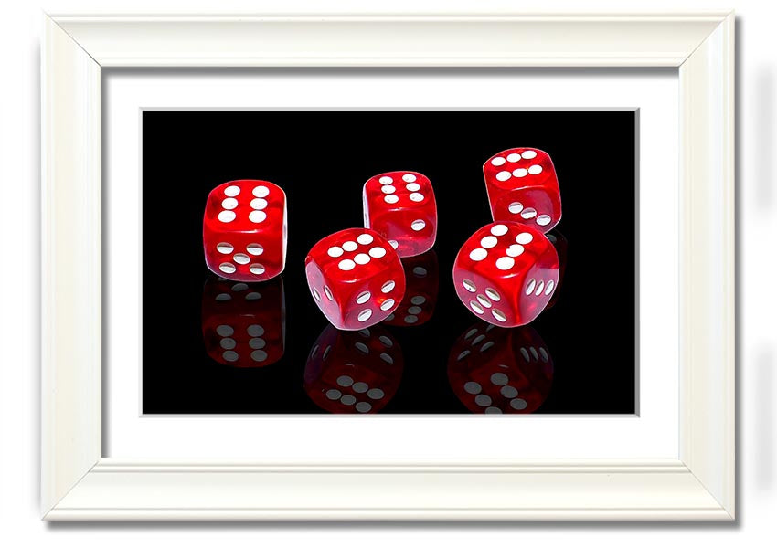 A vibrant framed print of six-sided dice, showcasing colorful designs, available in various frame colors, ready to hang.