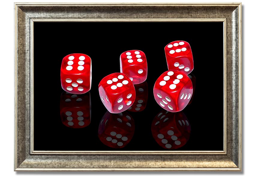 A vibrant framed print of six-sided dice, showcasing colorful designs, available in various frame colors, ready to hang.