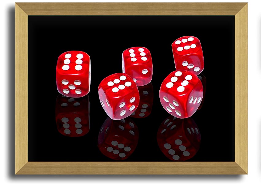 A vibrant framed print of six-sided dice, showcasing colorful designs, available in various frame colors, ready to hang.