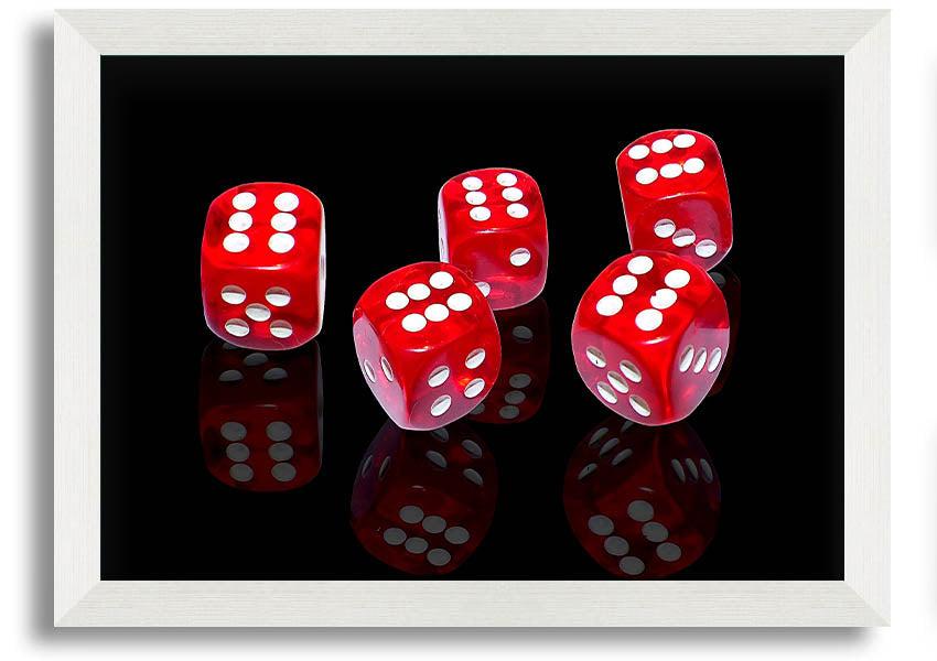 A vibrant framed print of six-sided dice, showcasing colorful designs, available in various frame colors, ready to hang.