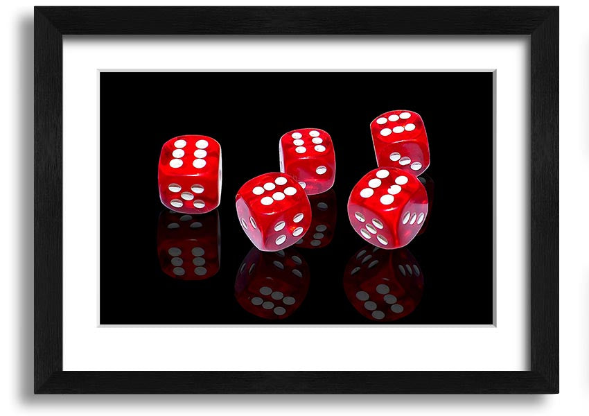 A vibrant framed print of six-sided dice, showcasing colorful designs, available in various frame colors, ready to hang.