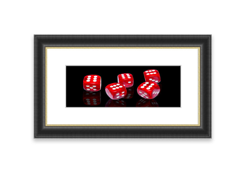 All Sixes Dice framed print showcasing colorful dice designs, ready to hang.