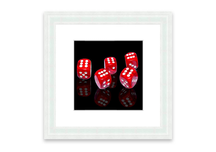 All Sixes Dice framed print showcasing colorful dice designs, ready to hang.