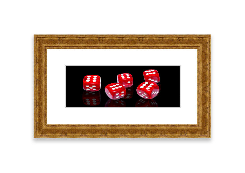 All Sixes Dice framed print showcasing colorful dice designs, ready to hang.