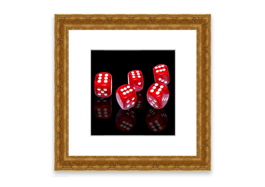 All Sixes Dice framed print showcasing colorful dice designs, ready to hang.