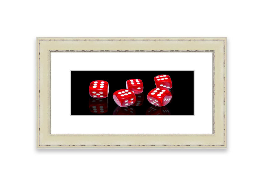 All Sixes Dice framed print showcasing colorful dice designs, ready to hang.