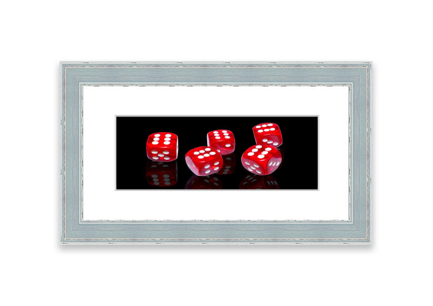 All Sixes Dice framed print showcasing colorful dice designs, ready to hang.