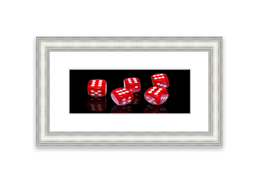 All Sixes Dice framed print showcasing colorful dice designs, ready to hang.