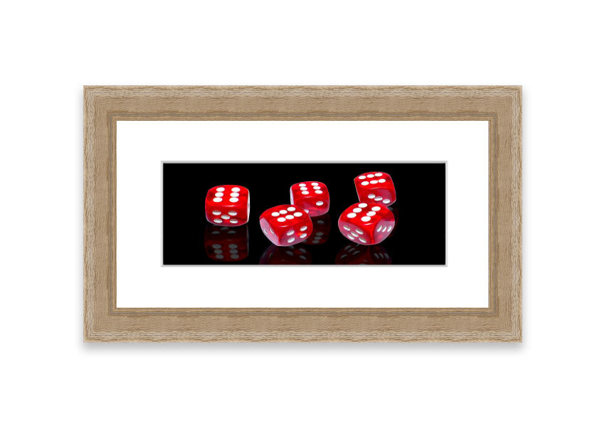 All Sixes Dice framed print showcasing colorful dice designs, ready to hang.