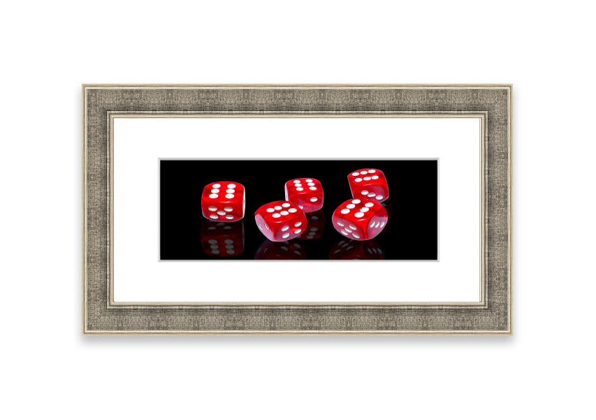 All Sixes Dice framed print showcasing colorful dice designs, ready to hang.