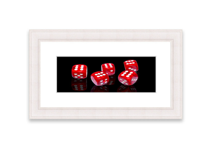 All Sixes Dice framed print showcasing colorful dice designs, ready to hang.