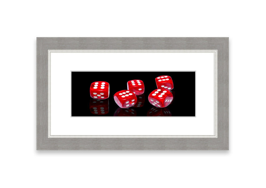 All Sixes Dice framed print showcasing colorful dice designs, ready to hang.