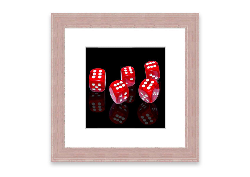 All Sixes Dice framed print showcasing colorful dice designs, ready to hang.