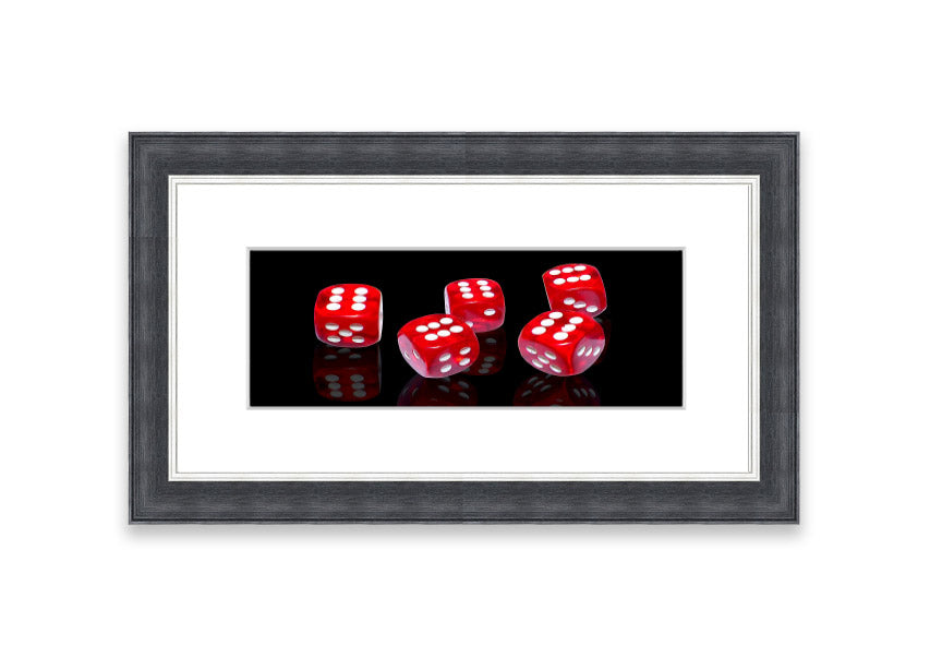 All Sixes Dice framed print showcasing colorful dice designs, ready to hang.