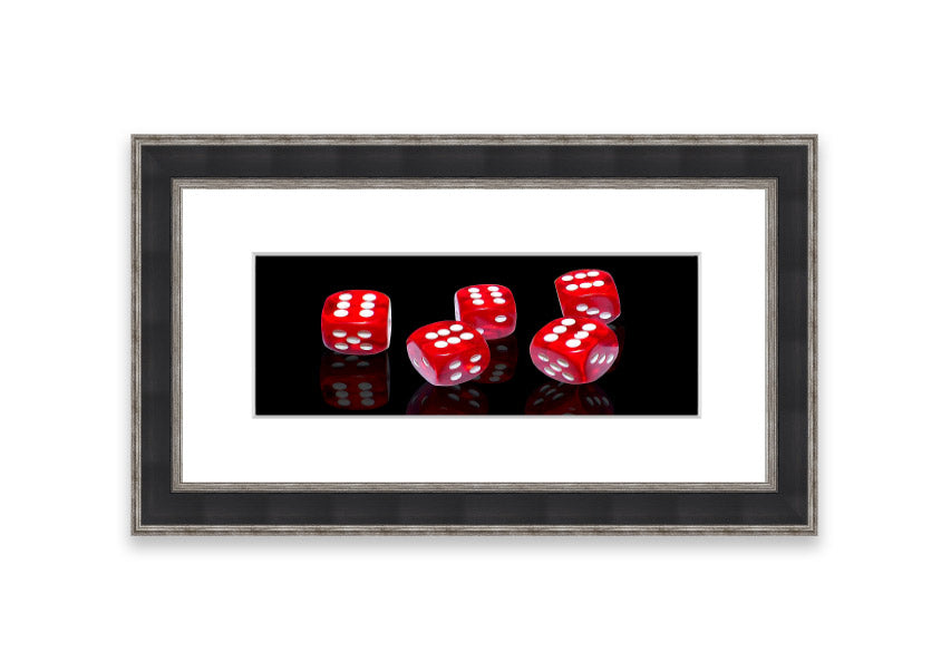 All Sixes Dice framed print showcasing colorful dice designs, ready to hang.