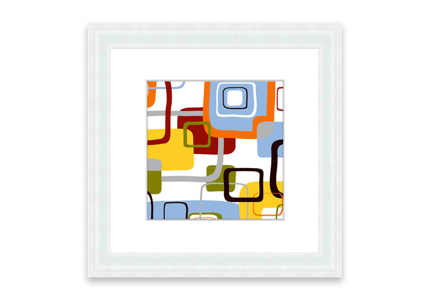 All Squared In Cornwall framed print showcasing vibrant colors and intricate design, available in various frame colors.