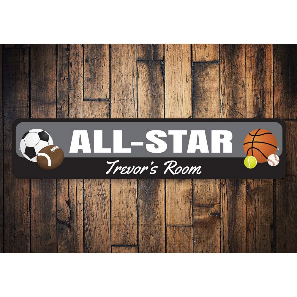 All Star Sports Sign featuring vibrant colors and customizable text, perfect for kids' rooms.