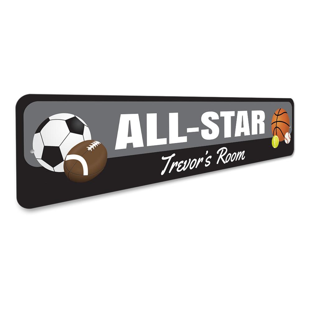 All Star Sports Sign featuring vibrant colors and customizable text, perfect for kids' rooms.