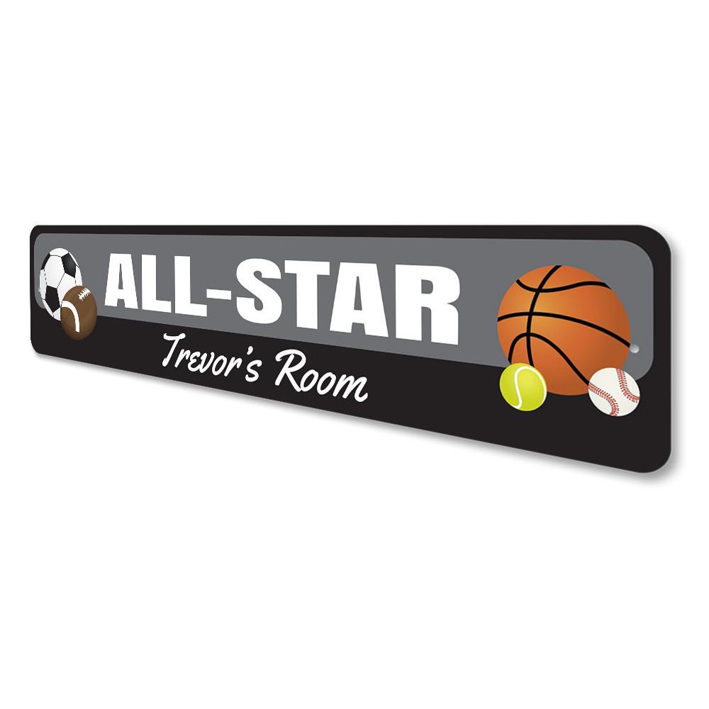 All Star Sports Sign featuring vibrant colors and customizable text, perfect for kids' rooms.