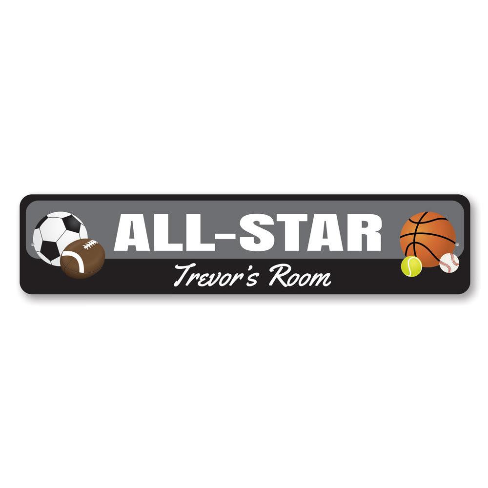 All Star Sports Sign featuring vibrant colors and customizable text, perfect for kids' rooms.