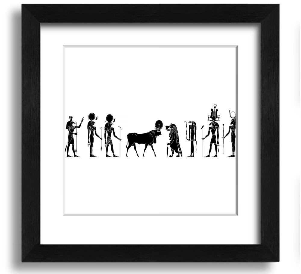 Square framed print featuring various Egyptian gods, handmade in the UK, available in multiple frame colors.