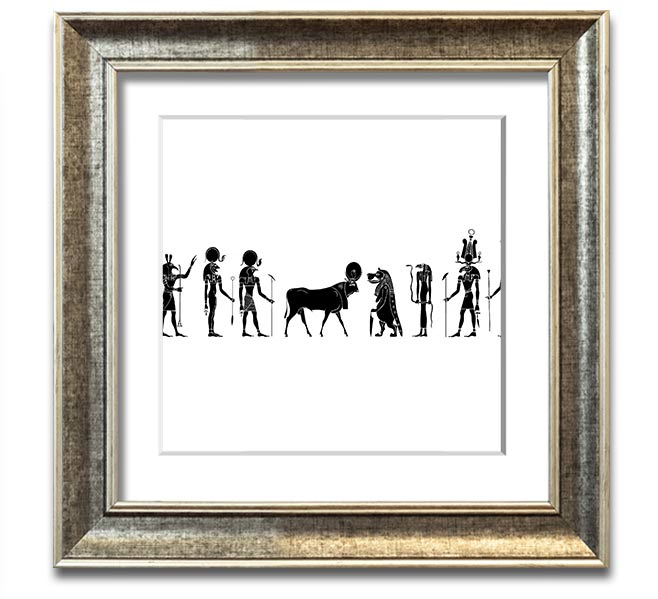 Square framed print featuring various Egyptian gods, handmade in the UK, available in multiple frame colors.