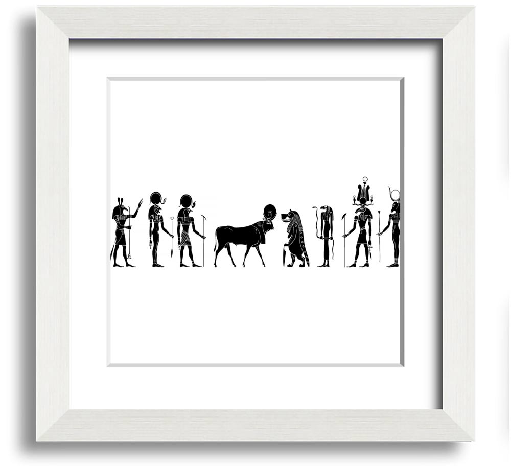 Square framed print featuring various Egyptian gods, handmade in the UK, available in multiple frame colors.