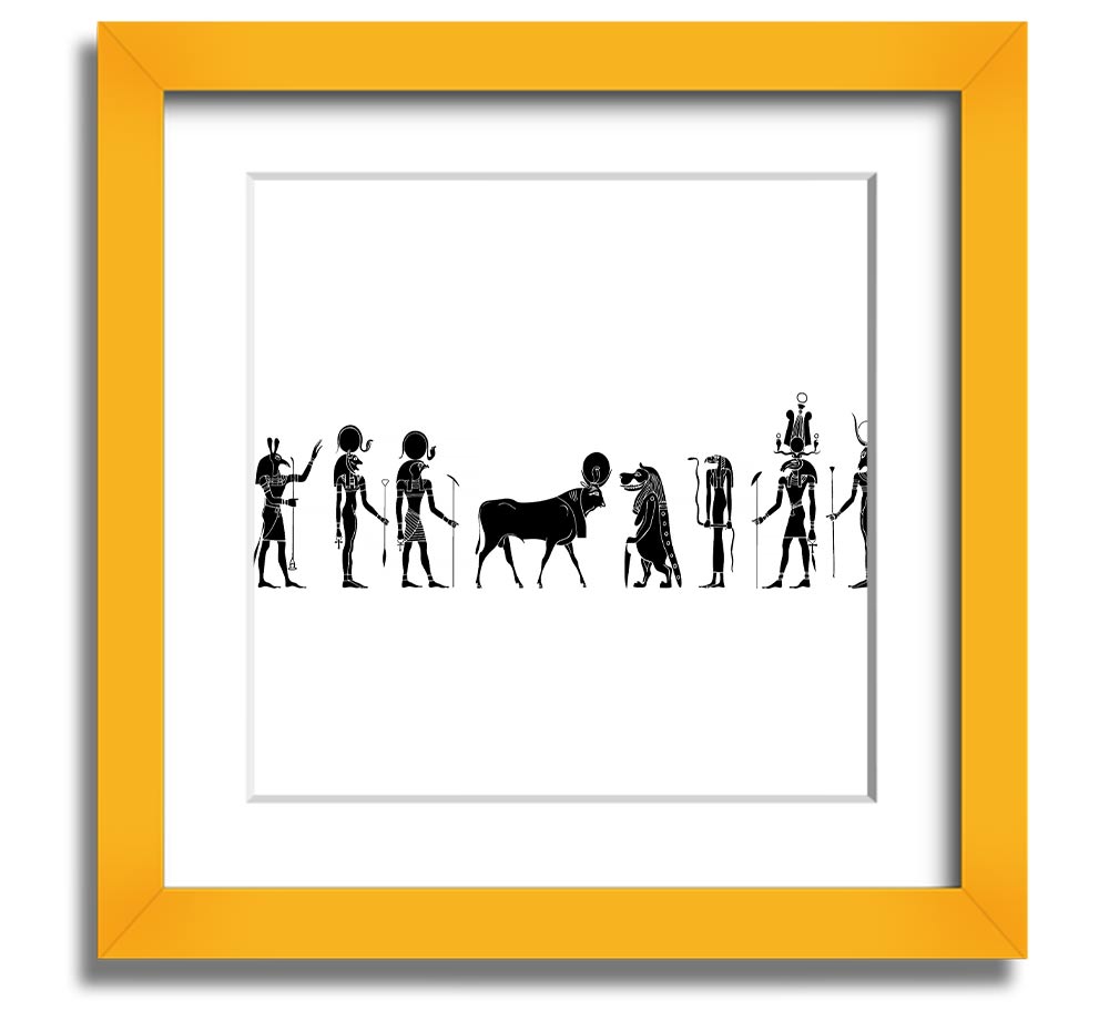 Square framed print featuring various Egyptian gods, handmade in the UK, available in multiple frame colors.