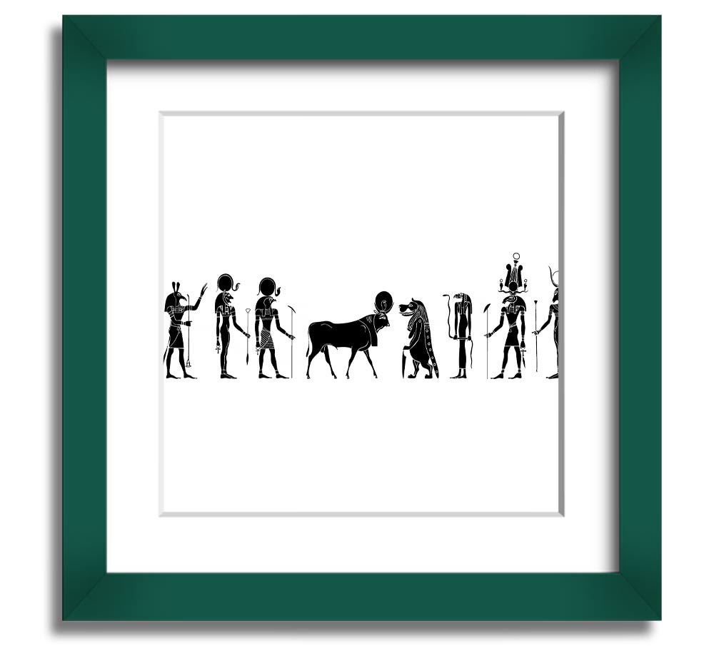 Square framed print featuring various Egyptian gods, handmade in the UK, available in multiple frame colors.