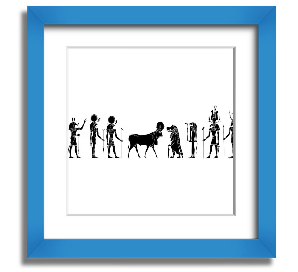 Square framed print featuring various Egyptian gods, handmade in the UK, available in multiple frame colors.