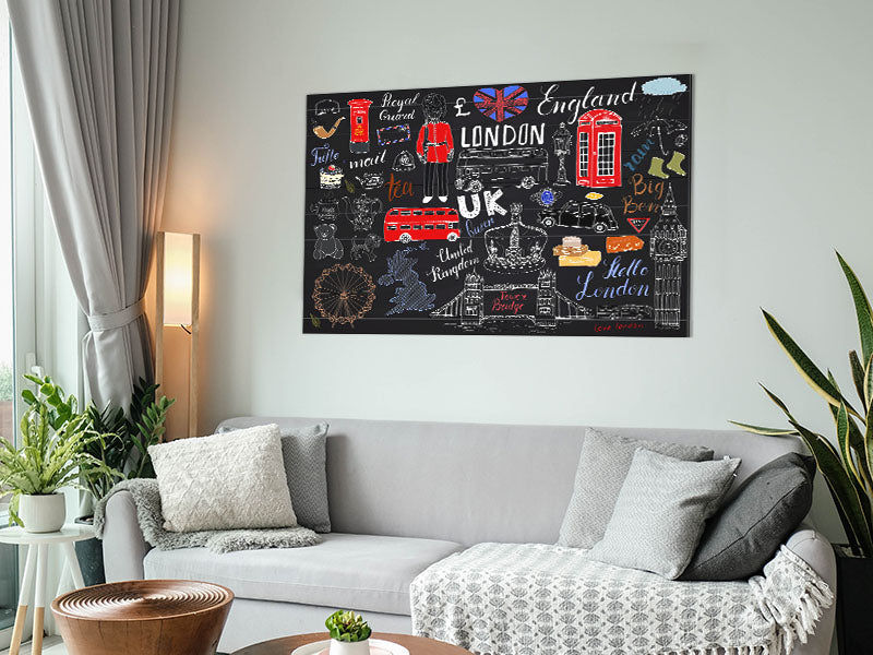 A modern art piece titled 'All The Things To Love In The City 2' printed on brushed aluminium dibond, showcasing vibrant colors and urban themes.