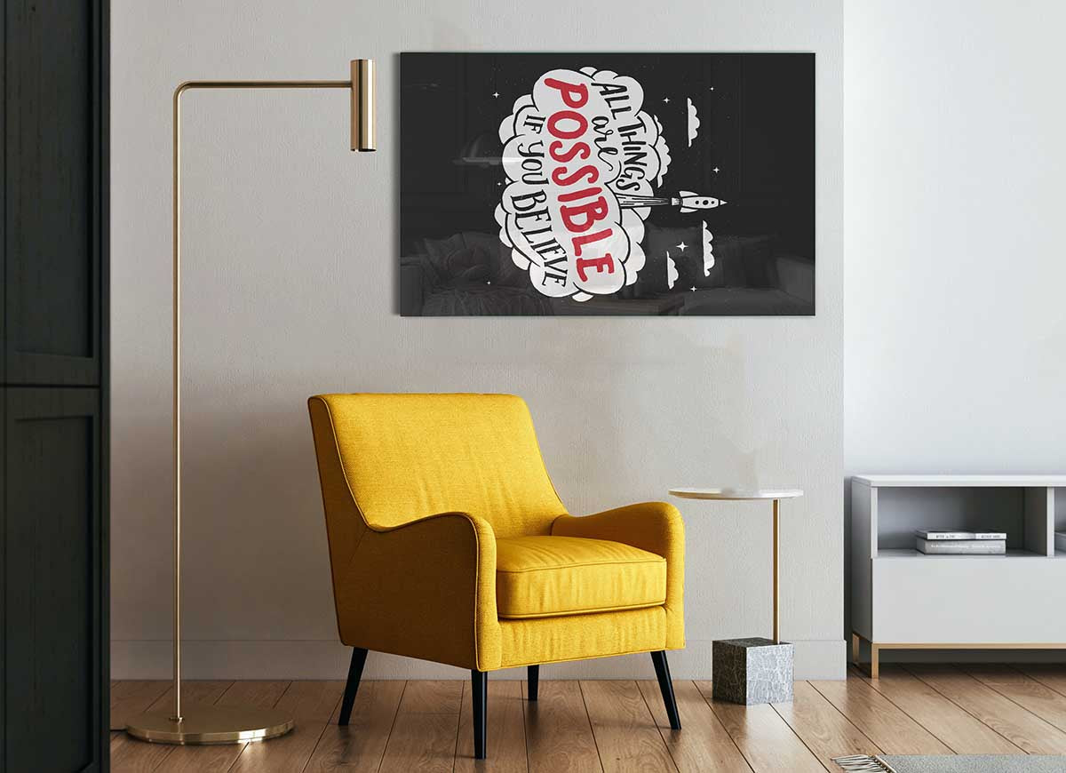 All Things Are Possible glass print featuring modern design with inspirational text, perfect for home decor.