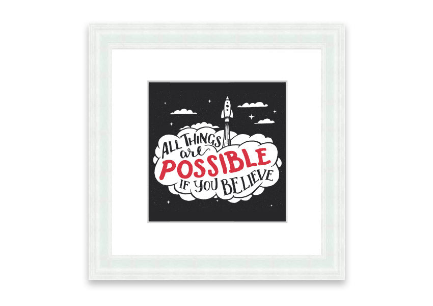 Framed print of 'All Things Are Possible' featuring Cornwall's scenic landscape, available in various frame colors.